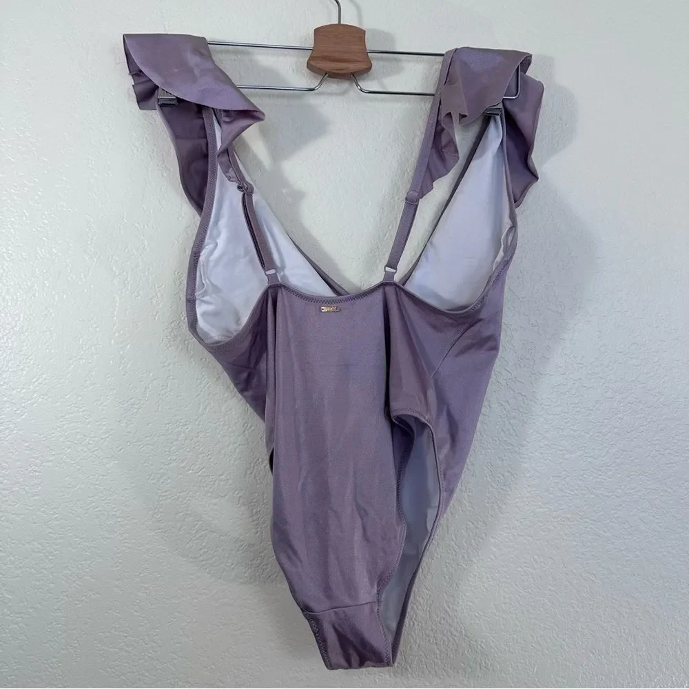 PINK VS Shine Ruffle One Piece Swimsuit in Metallic Lilac Size S - Picture 7 of 9